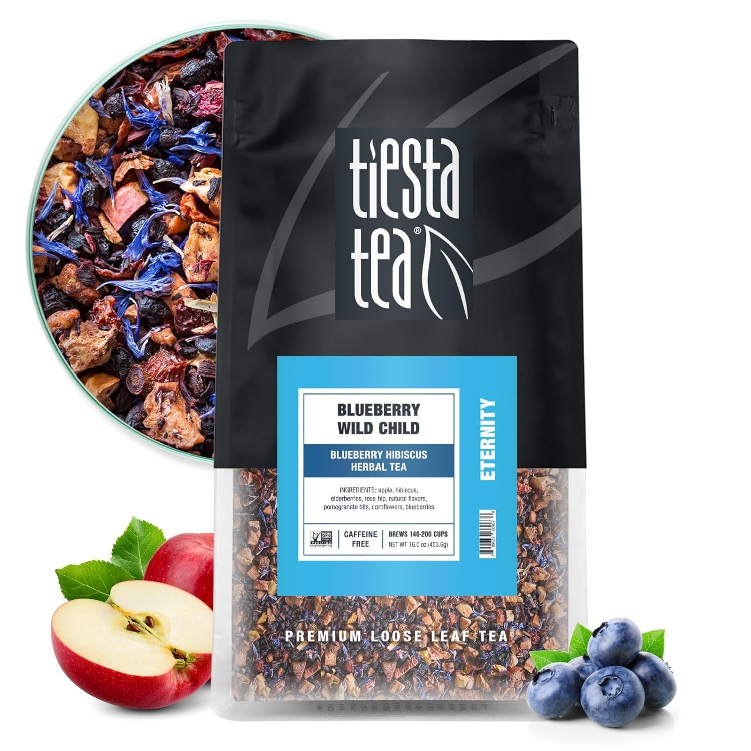 Tiesta Tea Eb Blueberry Wild Child, Loose Leaf, Blueberry Hibiscus Herbal Tea, Premium Non-Caffeinated Blend, Make Hot or Iced, Brews Up to 200 Cups, 16 Ounce Resealable Bulk Pouch
