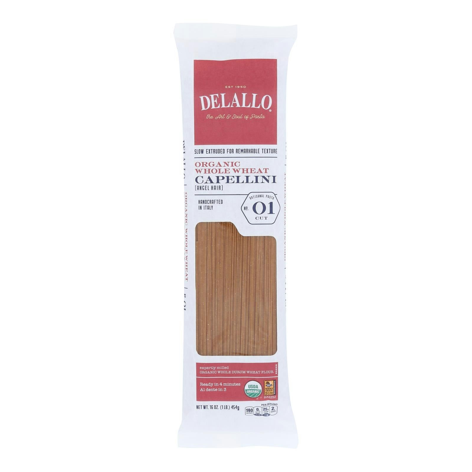 Delallo - Organic Whole Wheat Capellini Pasta 1 lb (Pack of 16)