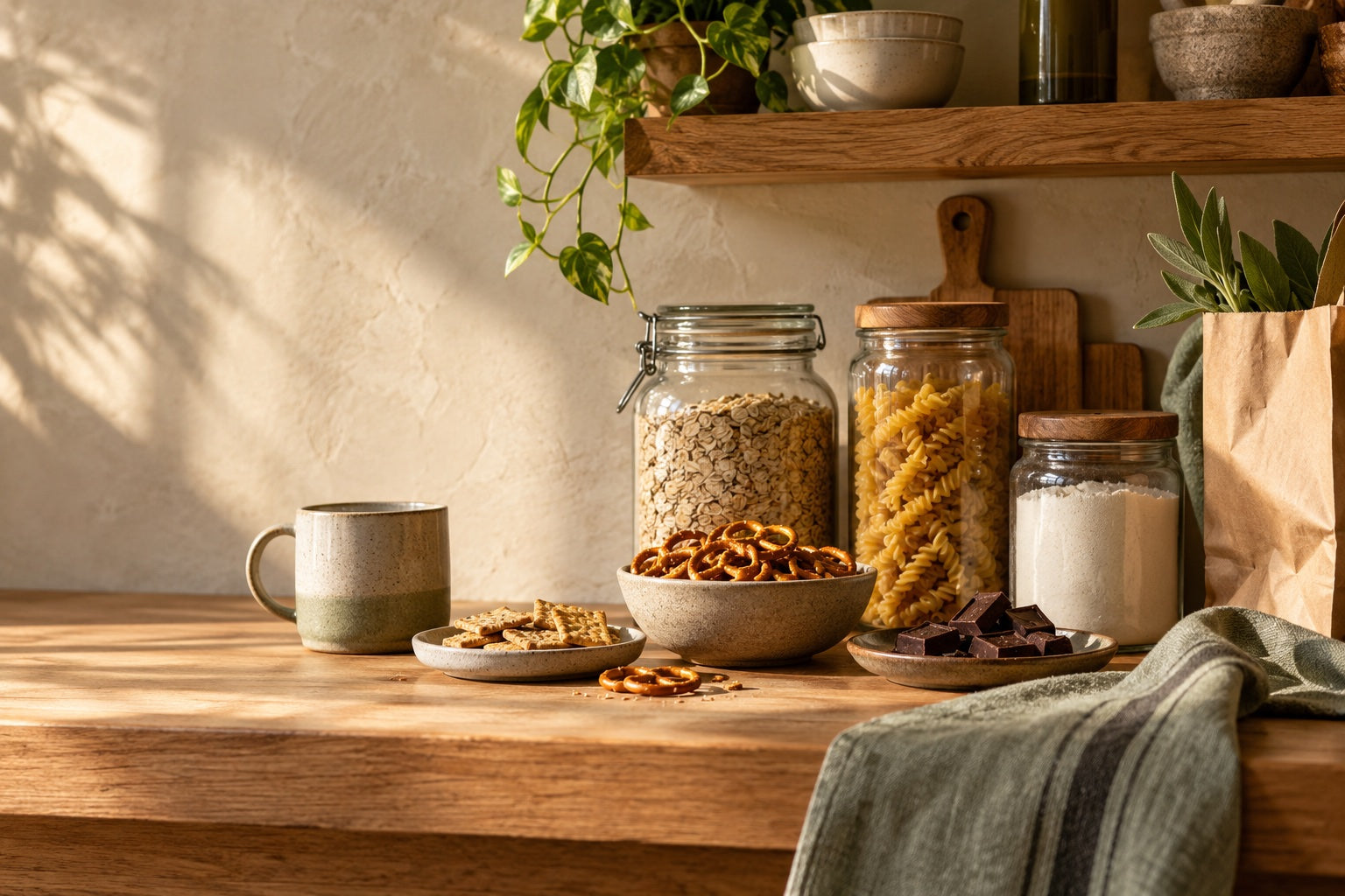 An inviting pantry with jars of oats, pasta and baking ingredients